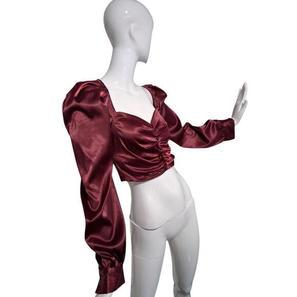 Windsor Women's size Small Falling For You Puff Sleeve Satin Romantic Crop Top - Picture 9 of 13